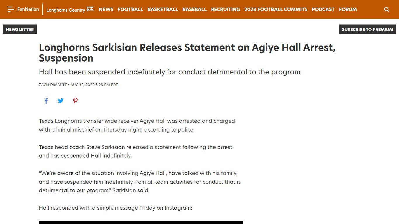 Longhorns Sarkisian Releases Statement on Agiye Hall Arrest, Suspension